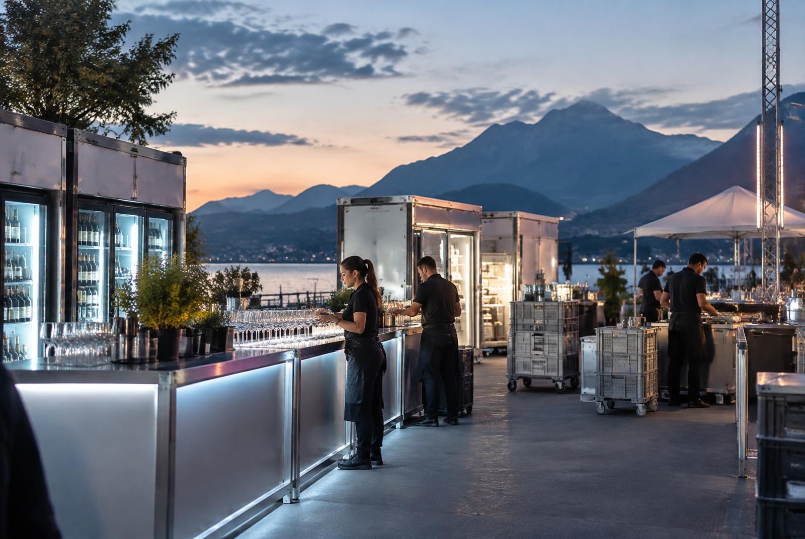 Professional beverage area with refrigeration and catering infrastructure