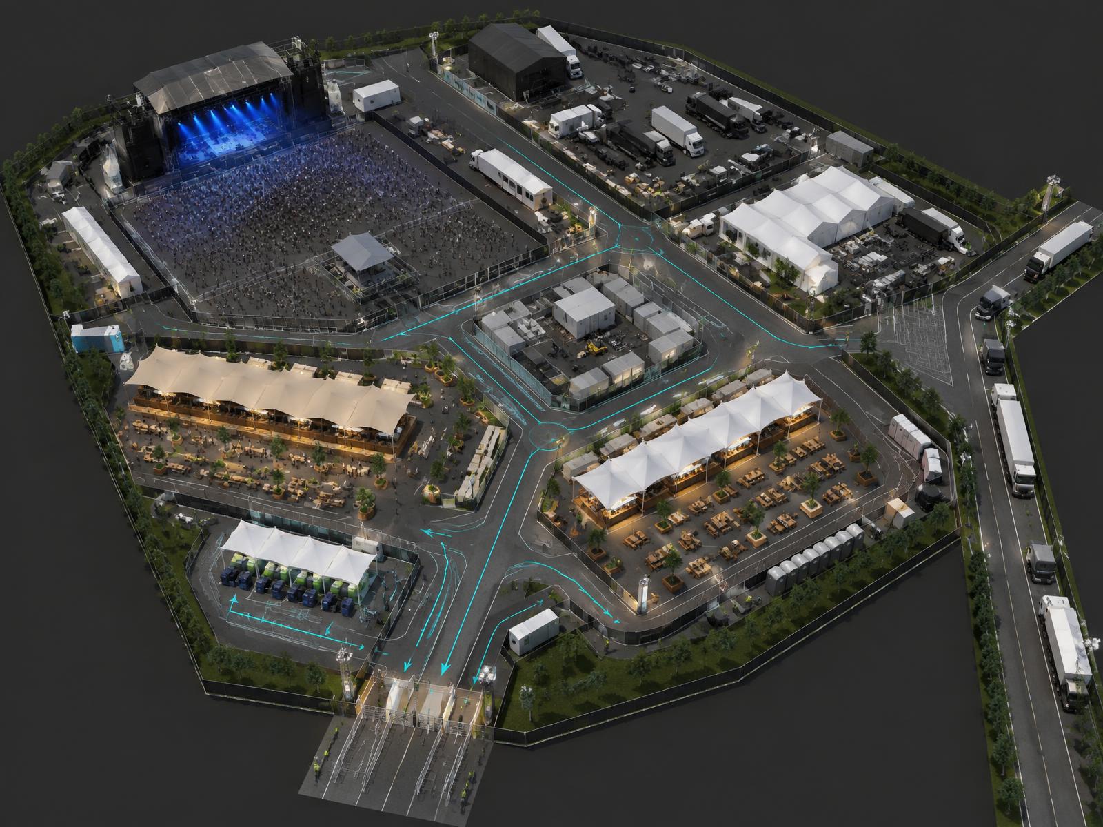 Visualised festival site plan with central logistics routes